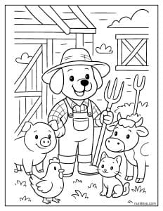 דף צביעה של כלב חקלאי עם חיות משק בחווה