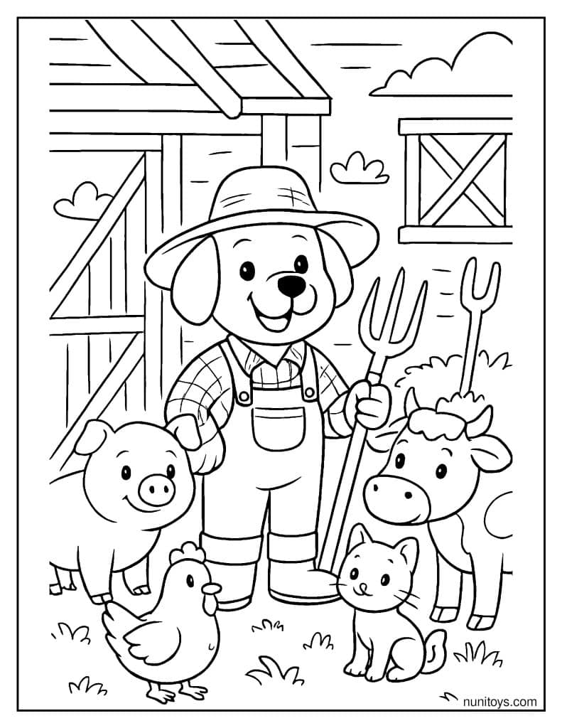 דף צביעה של כלב חקלאי עם חיות משק בחווה