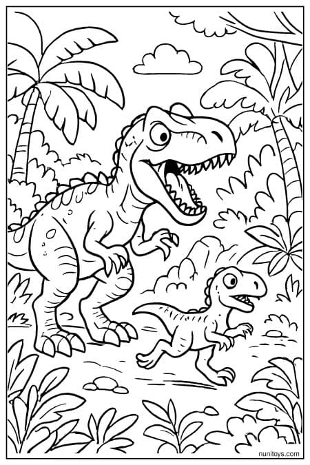 Allosaurus runs with baby dinosaur through dense jungle Coloring Page