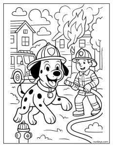 דף צביעה של כלב חילוץ אש עוזר לכבאים