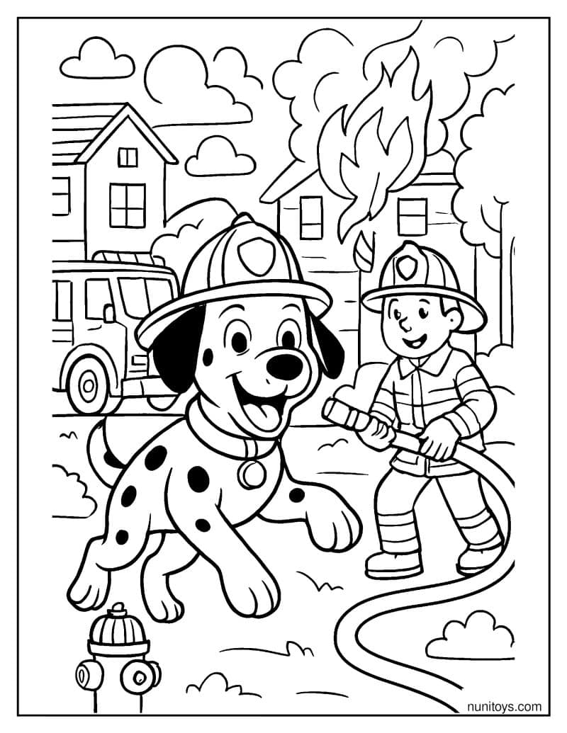 דף צביעה של כלב חילוץ אש עוזר לכבאים