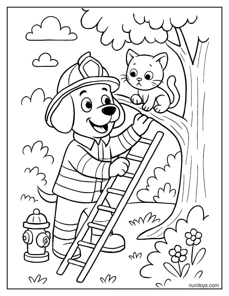 דף צביעה של כלב כבאי מציל חתלתול מעץ