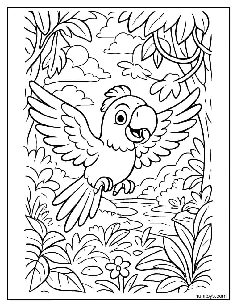 Coloriage perroquet volant au-dessus d’une jungle tropicale