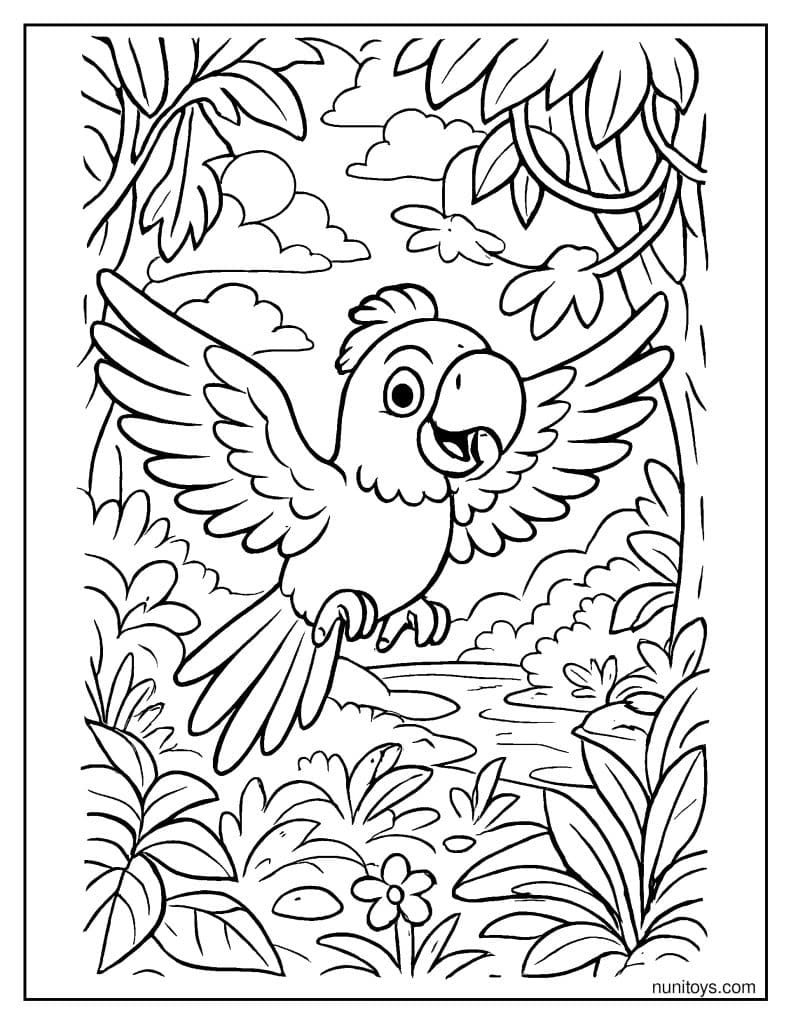 תוכי עף בין עצים בג׳ונגל ציור לצביעה לילדים