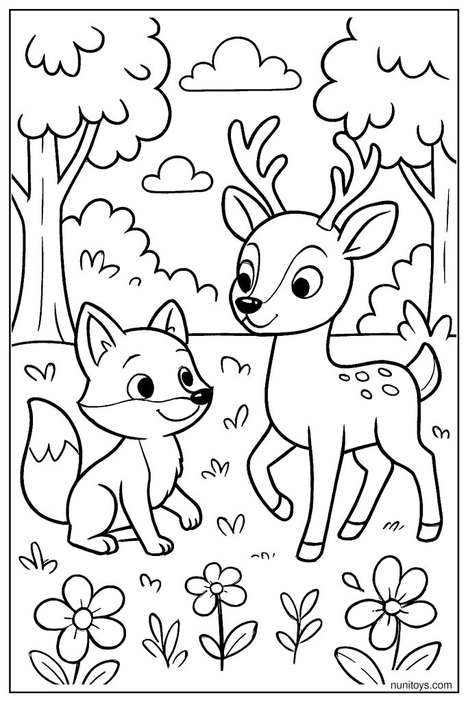 Fox and Deer Walking Together in the Woods Coloring Page