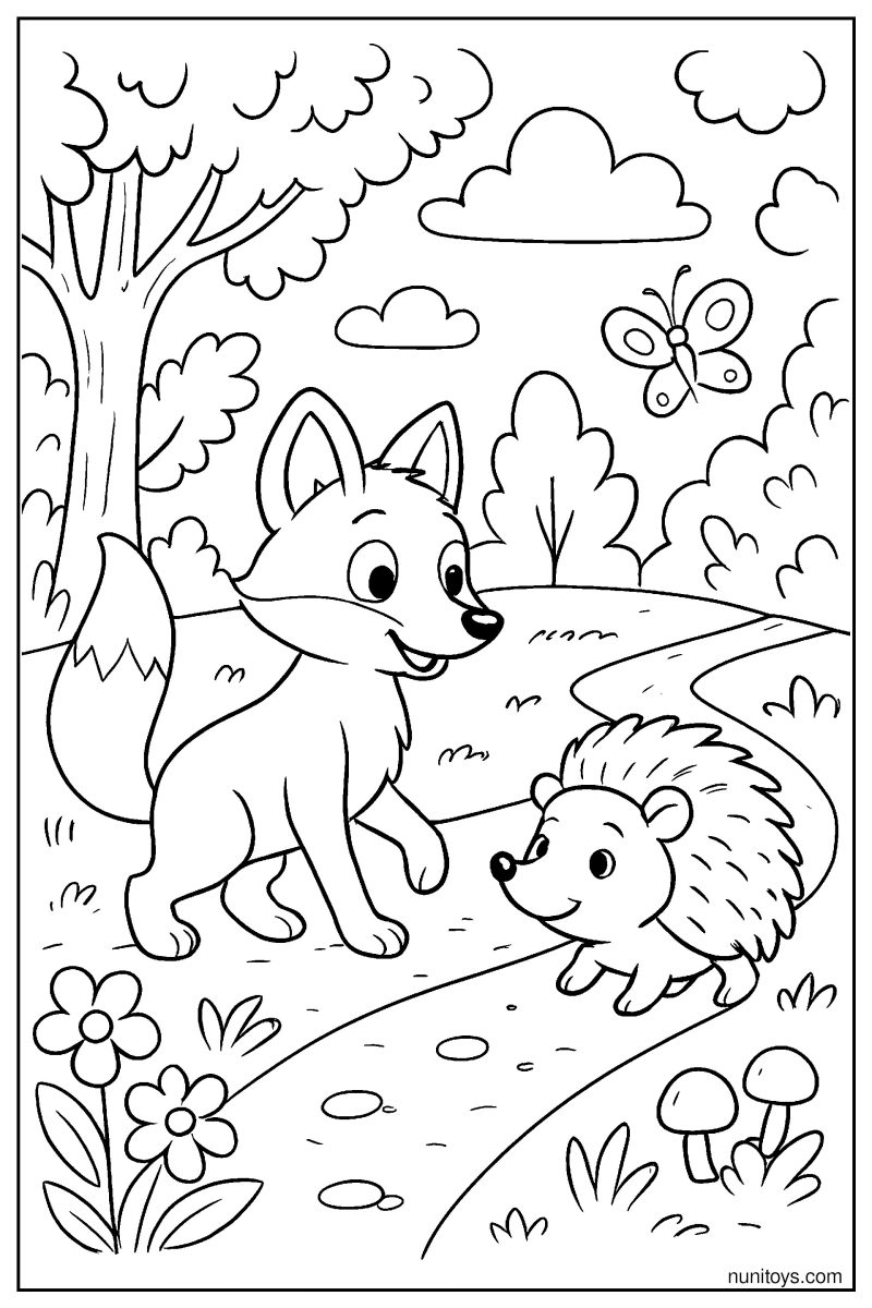 Fox and Hedgehog Exploring a Woodland Path Coloring Page