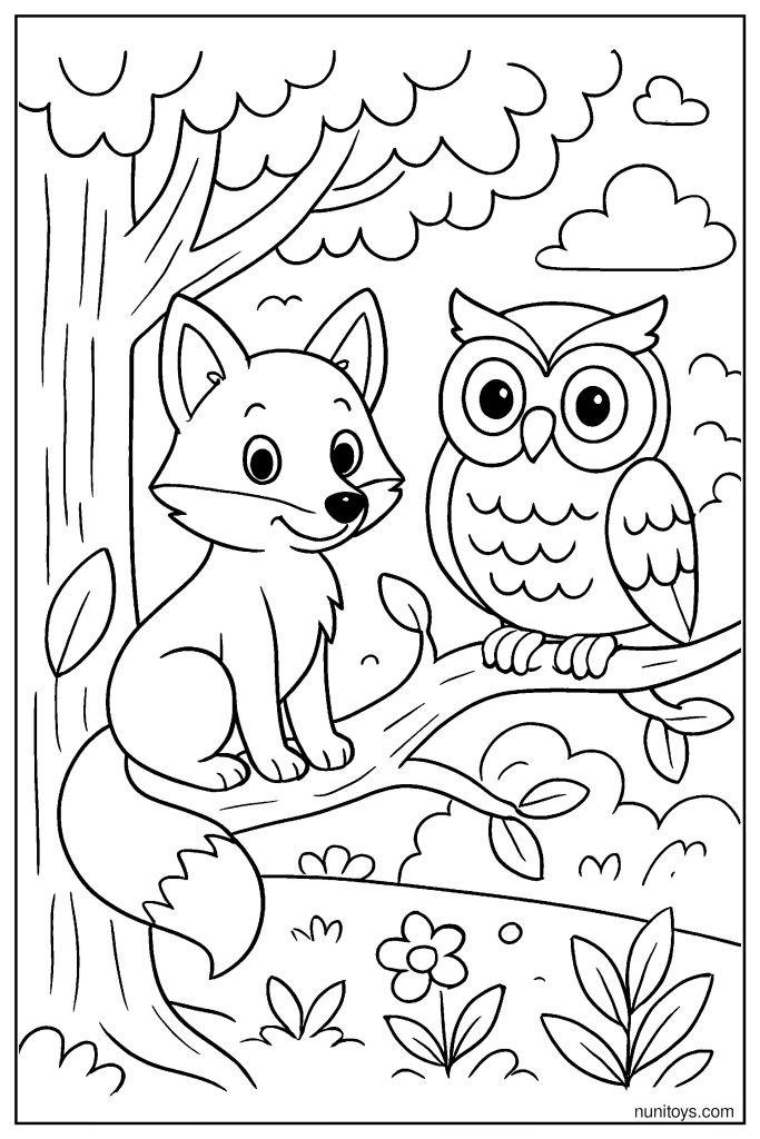 Fox and Owl on a Tree Branch Coloring Page
