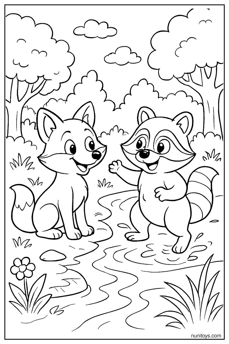 Fox and Raccoon Playing Near the River Coloring Page