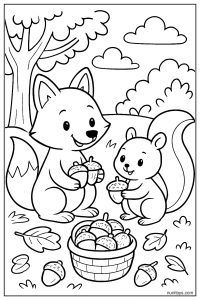 Fox and Squirrel Gathering Food Together Coloring Page