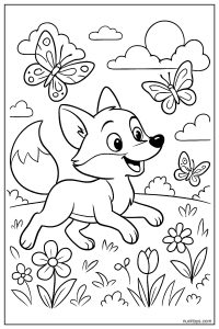 Fox Chasing Butterflies in a Meadow Adventure Coloring Page