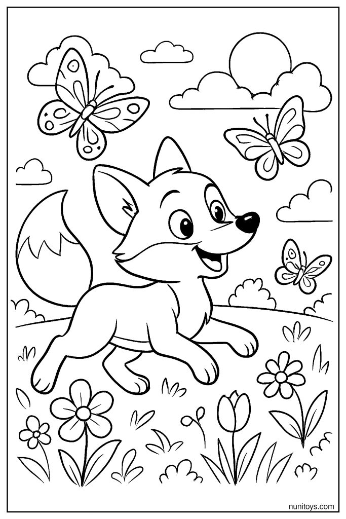 Fox Chasing Butterflies in a Meadow Adventure Coloring Page