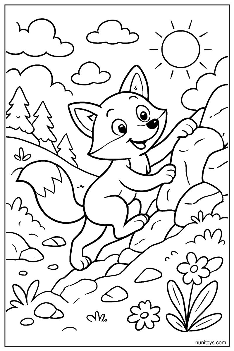 Fox Climbing a Rocky Hill: Adventure Coloring Page