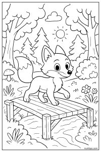 Fox Crossing a Wooden Bridge Coloring Page