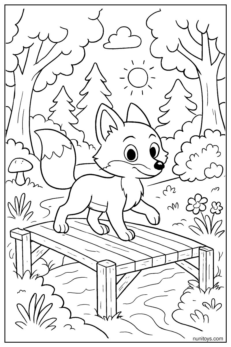 Fox Crossing a Wooden Bridge Coloring Page