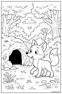 Fox Discovering a Hidden Cave in the Forest Coloring Page