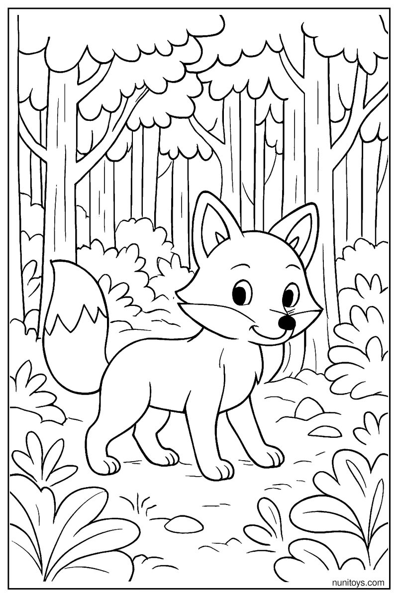 Fox Exploring a Deep Forest Coloring Page