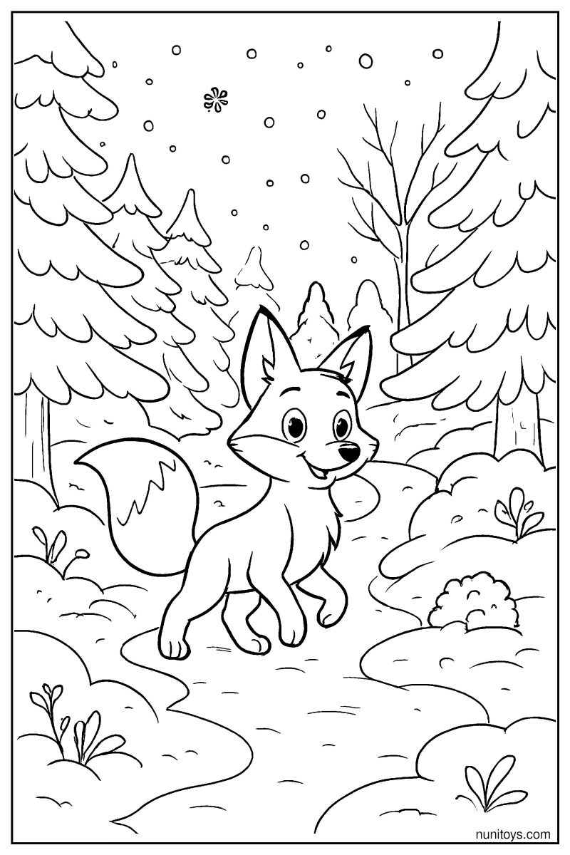 Fox Exploring a Snowy Forest Path Coloring Page