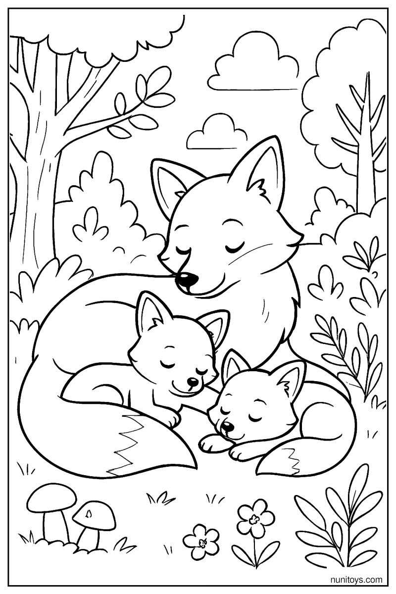 Fox Family Resting Together in the Forest Coloring Page