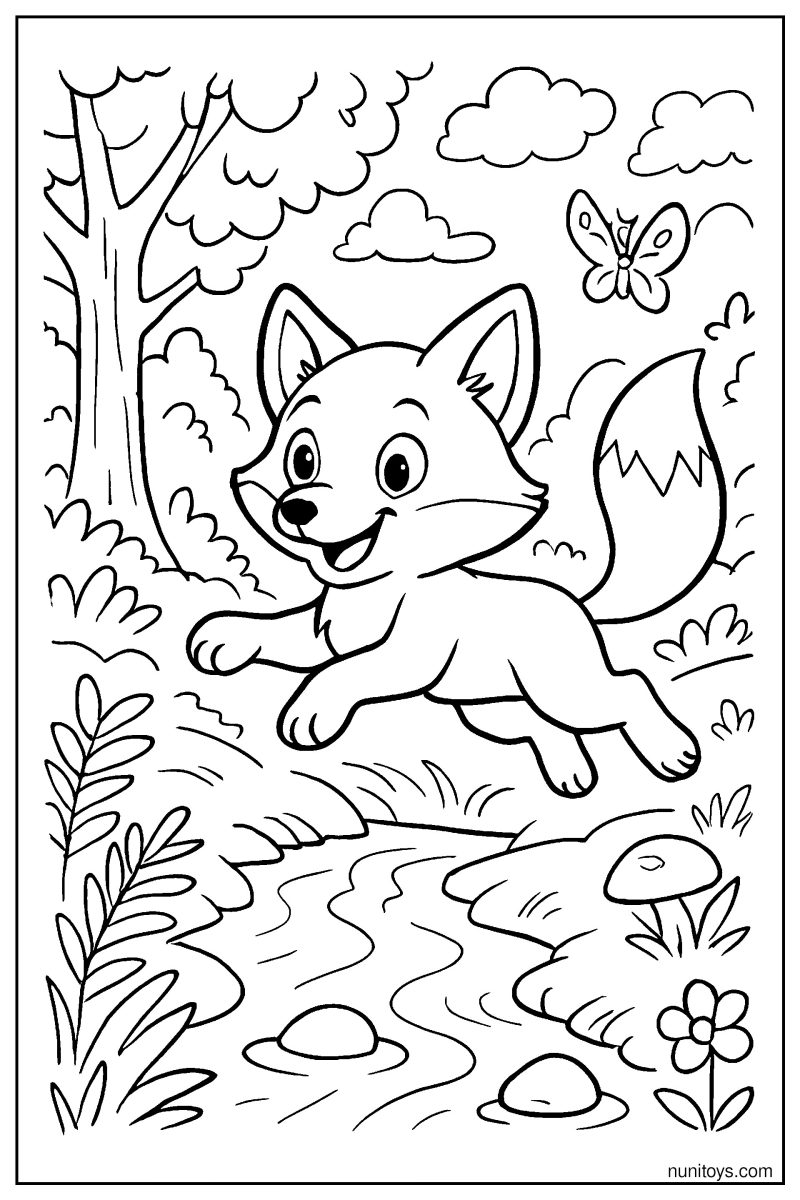 Fox Jumping Over a Stream: Forest Adventure Coloring Page