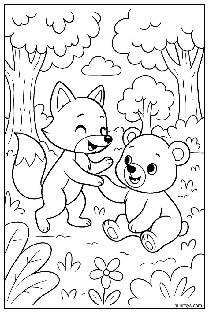 Fox Playing with Bear Cub in the Forest Coloring Page