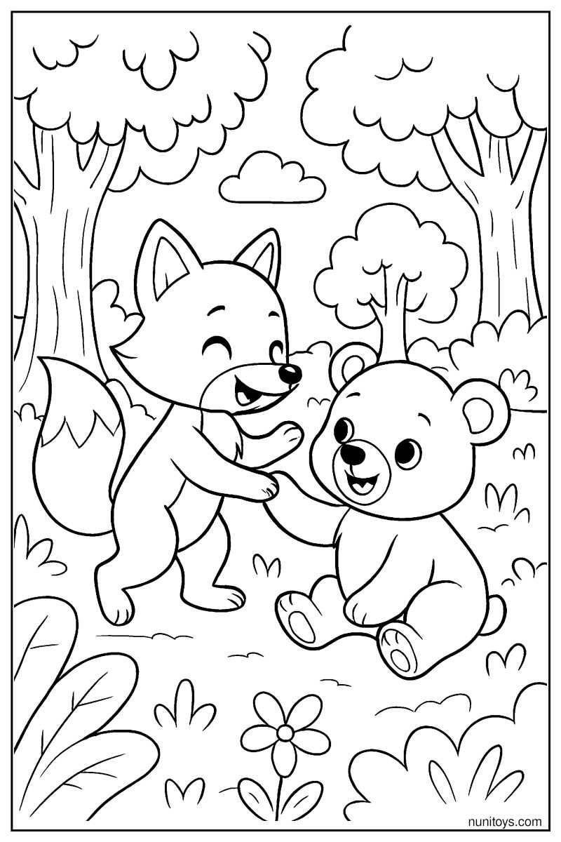 Fox Playing with Bear Cub in the Forest Coloring Page