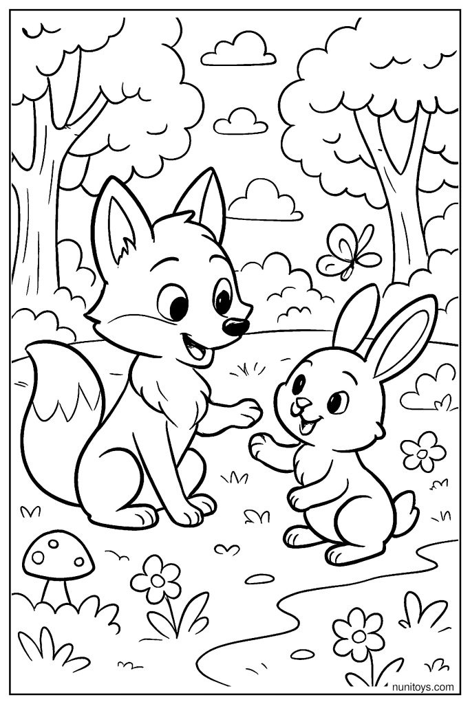 Fox Playing with Rabbit in Forest Friends Coloring Page