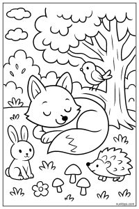 Fox Resting with Animals Under a Tree Coloring Page