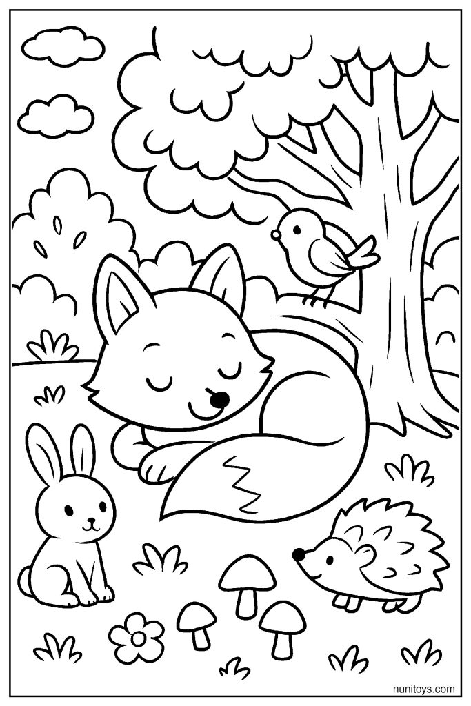 Fox Resting with Animals Under a Tree Coloring Page