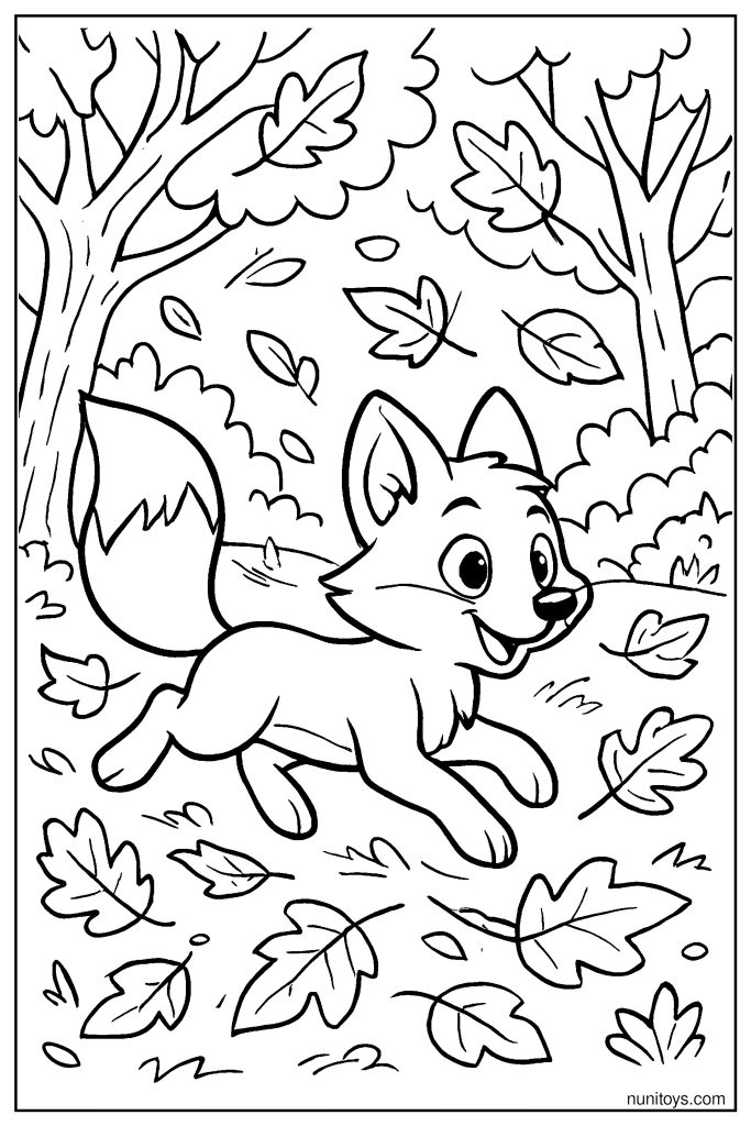 Fox Running Through Leaves in Autumn Forest Coloring Page