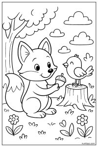 Fox Sharing Food with Bird Coloring Page