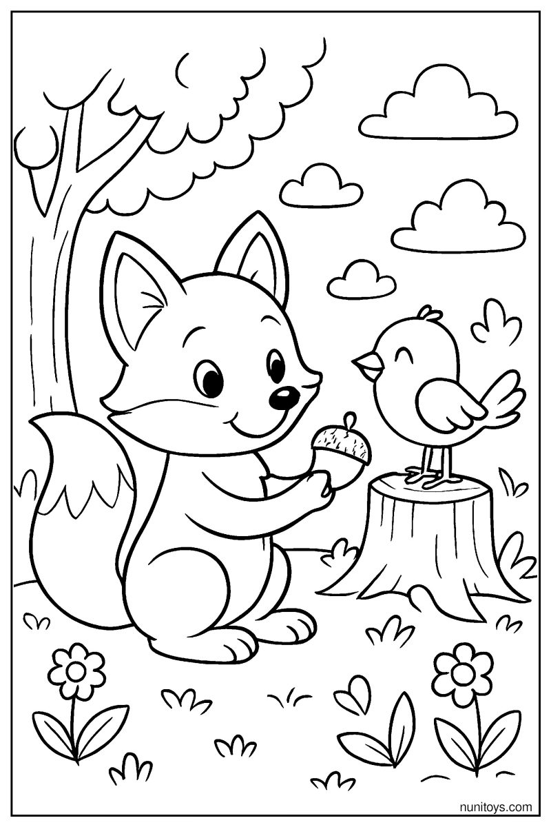 Fox Sharing Food with Bird Coloring Page