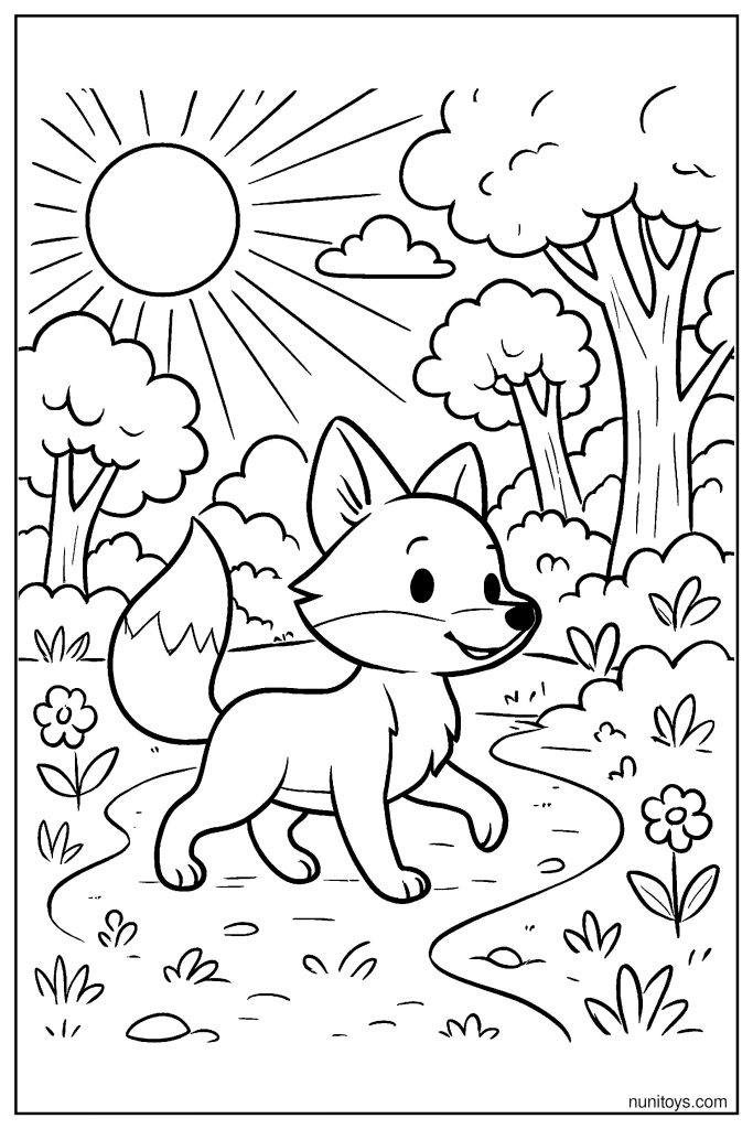 Fox Walking along Sunlit Path Coloring Page