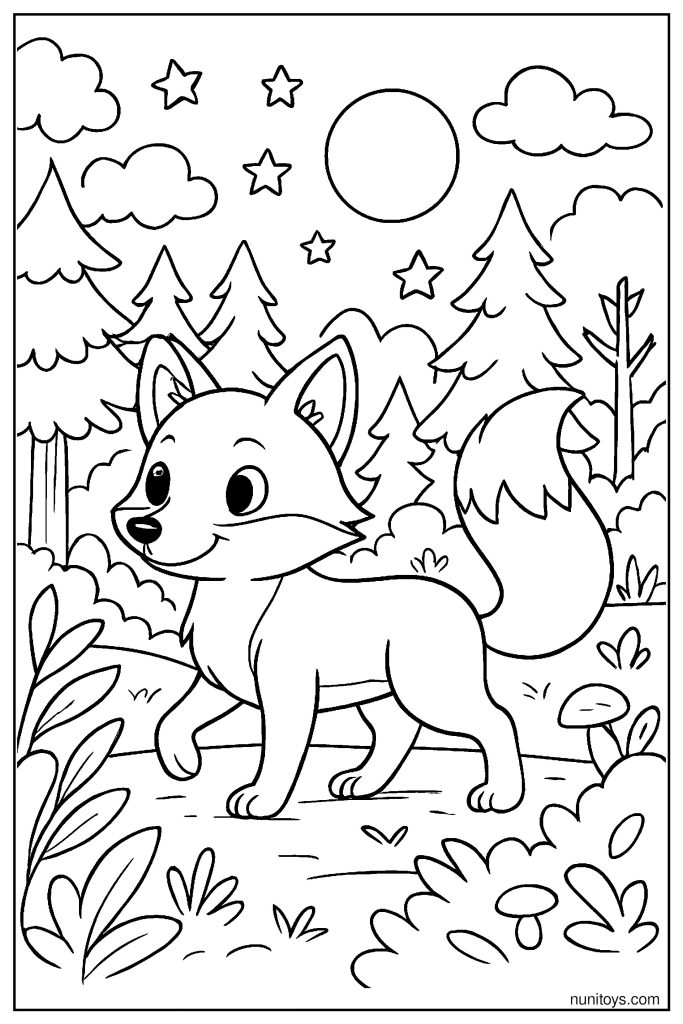 Fox Walking Under Moonlight in the Forest Coloring Page