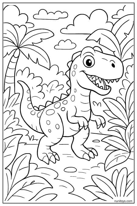 Allosaurus walks through tropical jungle with large leaves around Coloring Page