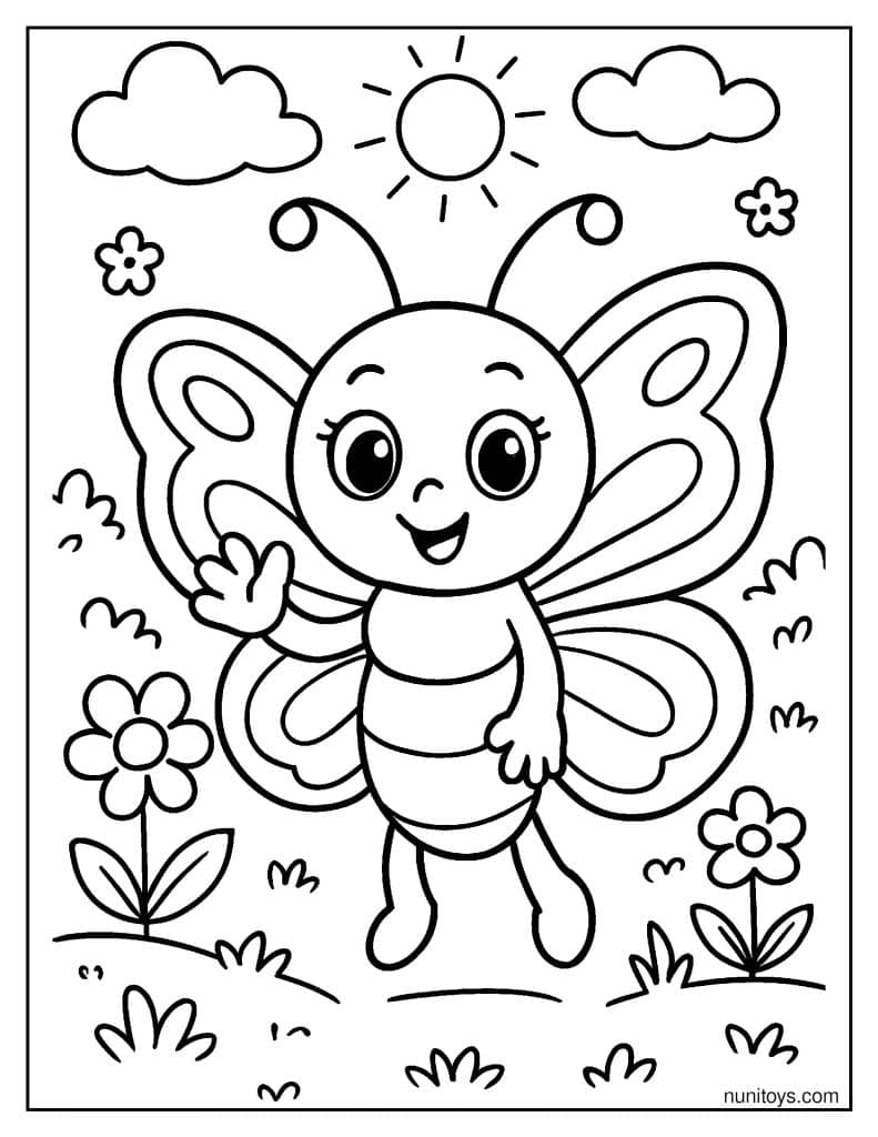 דף צביעה של פרפר חמוד מנופף ביד בגינה