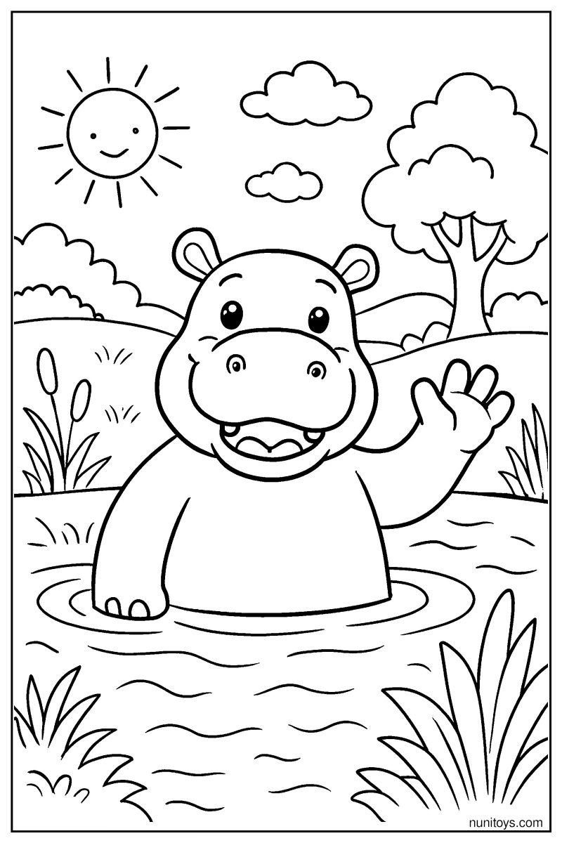 Friendly Hippo Waving from the River Coloring Page