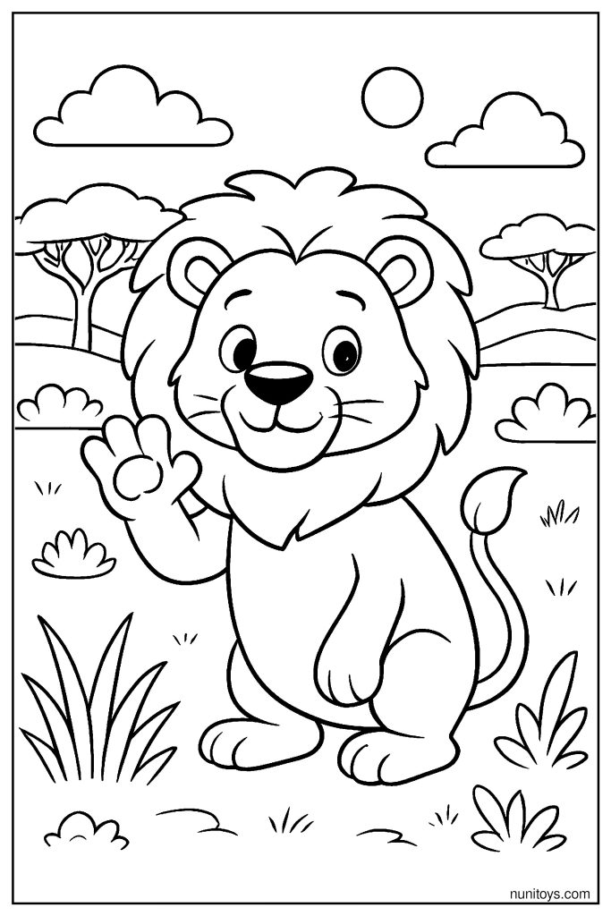 Friendly Lion Waving Paw in the Savanna Coloring Page