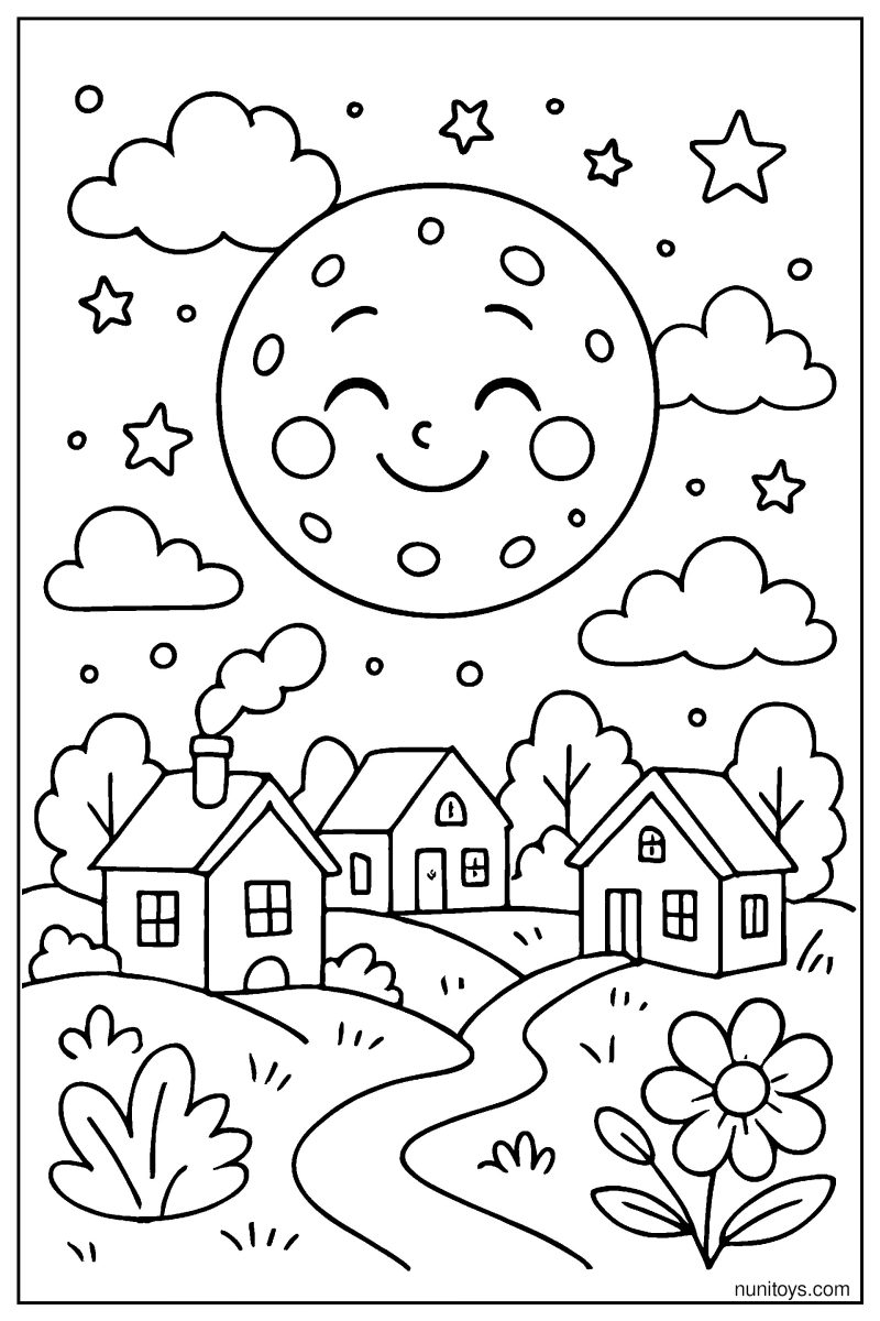 Friendly Moon Shining Over a Quiet Village Coloring Page
