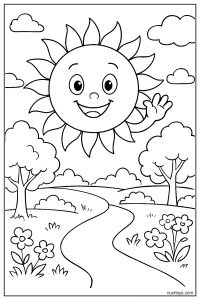 Friendly Sun waving hello over a sunny park coloring page
