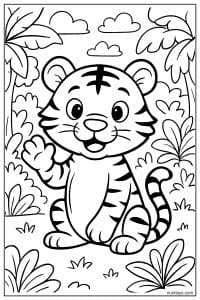 Friendly Tiger Waving in a Lush Jungle Scene Coloring Sheet