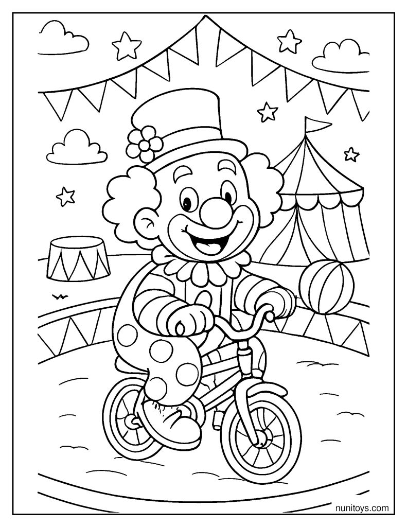 Funny Clown Riding Tiny Bicycle in the Circus Ring Coloring Page