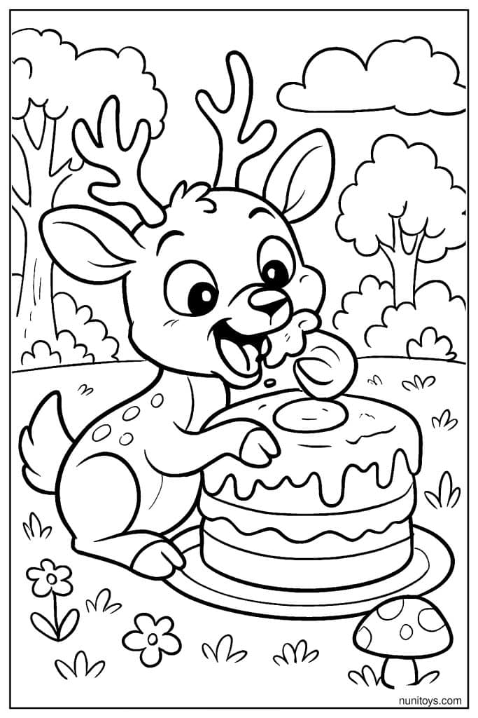 Funny Deer Eats a Giant Cake Coloring Page