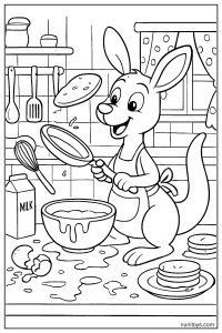 Funny Kangaroo Cooking Pancakes in a Messy Kitchen Coloring Page