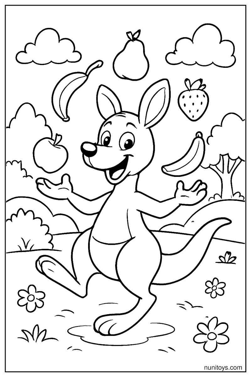 Funny Kangaroo Juggling Fruits on One Leg Coloring Page