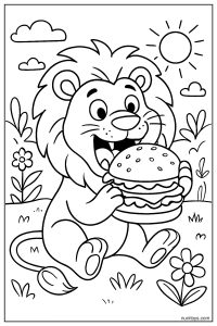 Funny Lion Eating a Giant Burger Coloring Page