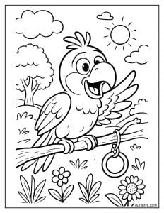 תוכי מצחיק מדבר על ענף עם טבעת משחק