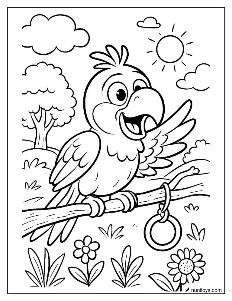 Coloriage perroquet levant son aile près d’un anneau suspendu
