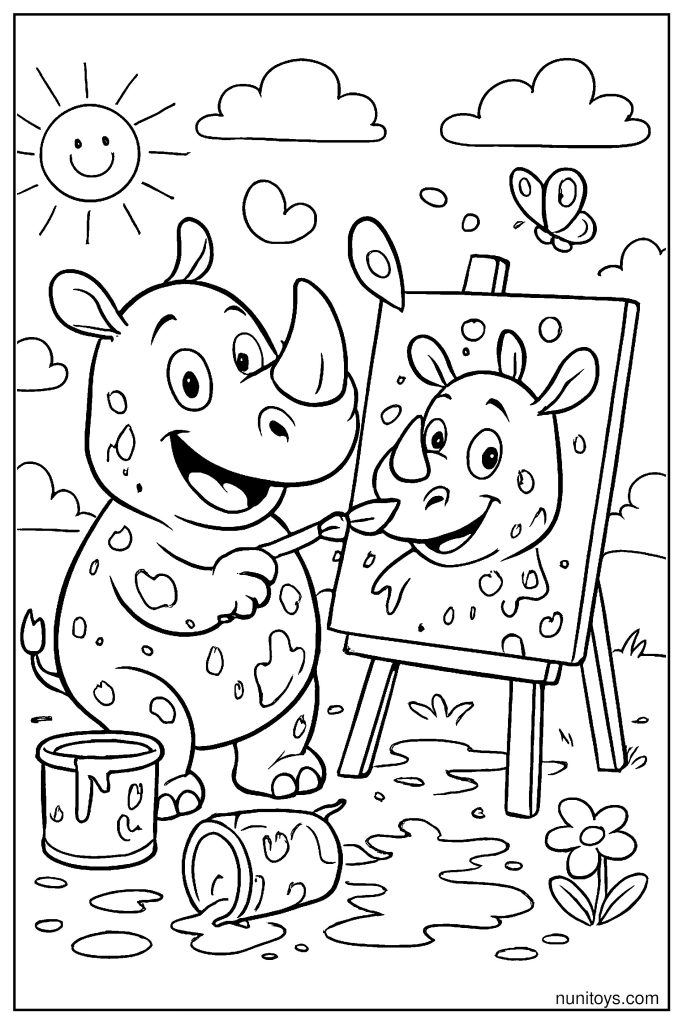 Funny Rhino Painting Its Own Portrait Coloring Page