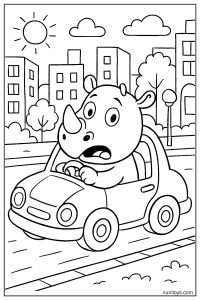 Funny Rhino in a Tiny Car in the City Coloring Page