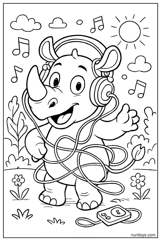 Funny Rhino Tangled in Headphones Coloring Page